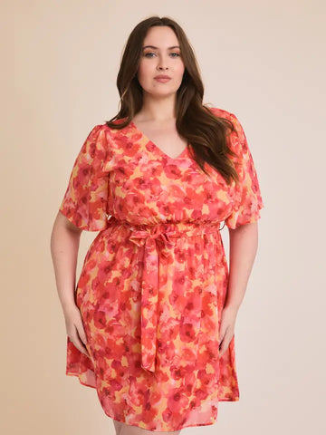 Floral Plus Short Sleeve Waist Tie Dress