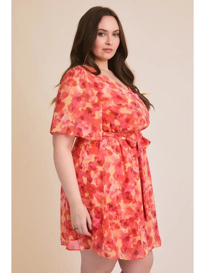 Floral Plus Short Sleeve Waist Tie Dress
