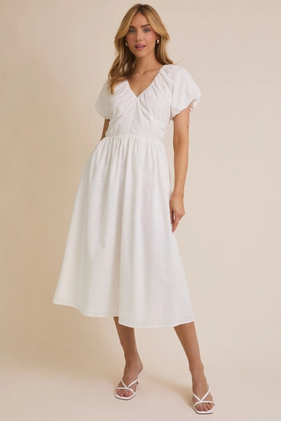 White V-Neck Half Bubble Hem Sleeve Midi Dress