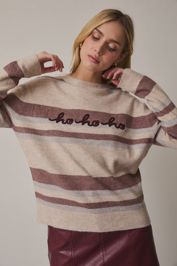 "HoHoHo" Crew Neck Striped Sweater