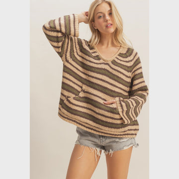 Taupe Combo - Kangaroo Pocket Detail Striped Pullover