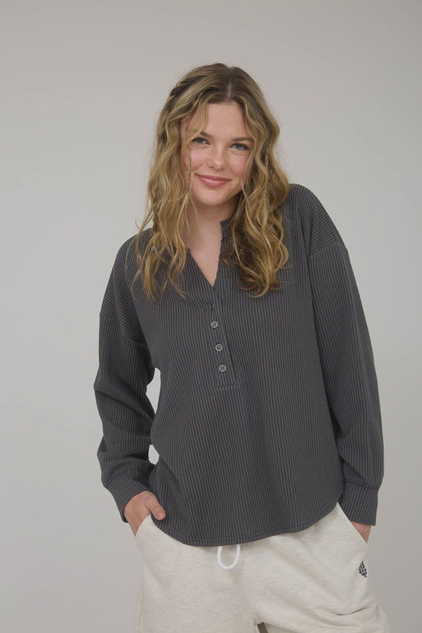Washed Ribbed Long Sleeve Knit Top - CHARCOAL