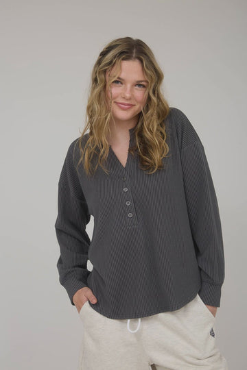 Washed Ribbed Long Sleeve Knit Top - CHARCOAL
