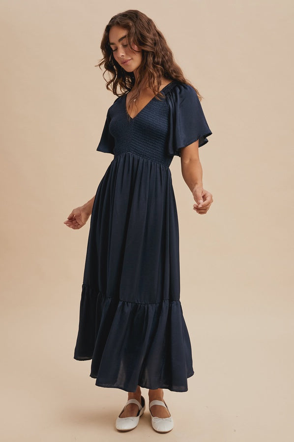 Midnight Smocked Washed Satin Midi Dress