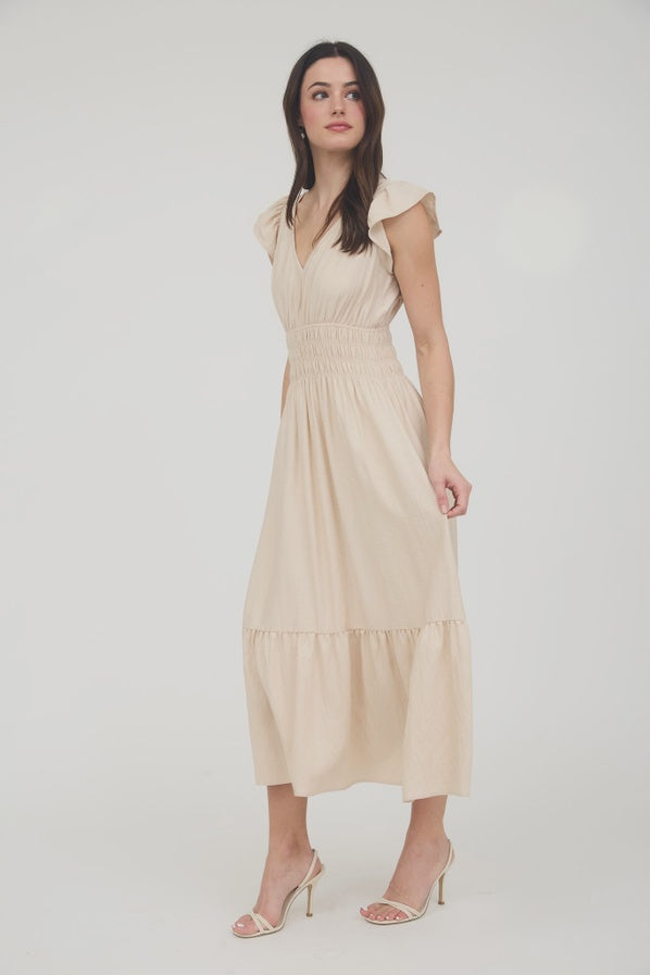 Light Khaki - V Neck Ruffle Detail Shirred Waist Midi Dress