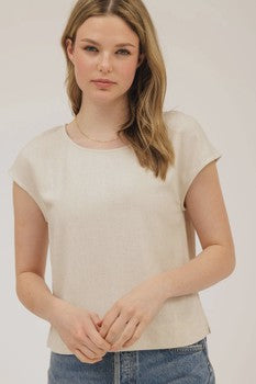 Natural - Round Neck Short Sleeve Linen Blouse