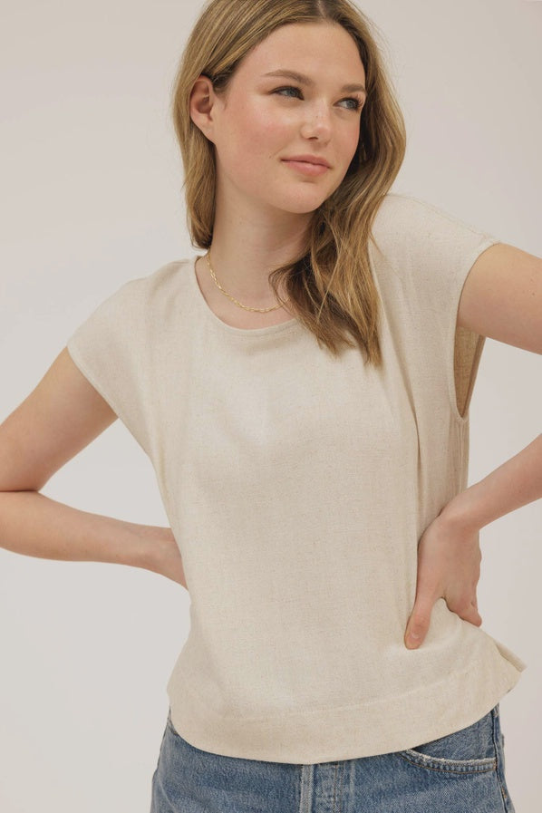 Natural - Round Neck Short Sleeve Linen Blouse