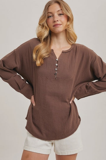 Mocha Cotton Linen Loose Fit Half Button Up