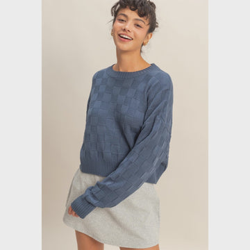Dusty Navy - Checkered Cropped Sweater Top