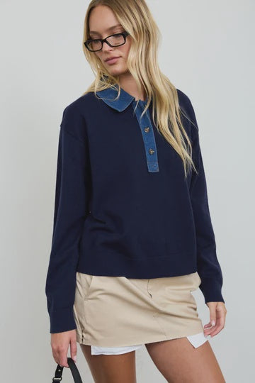 Navy Denim Polo Knit Pullover