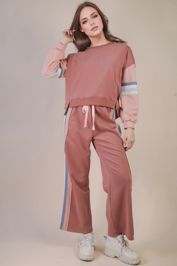 Dark Mauve Detail Knit Top & Pant Comfy Set