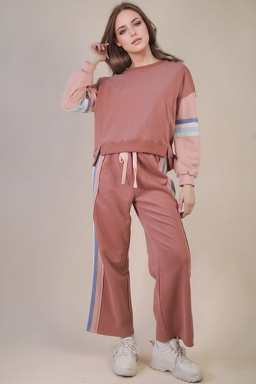 Dark Mauve Detail Knit Top & Pant Comfy Set