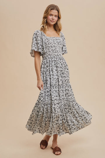 Off White Smocked Floral Maxi Dress