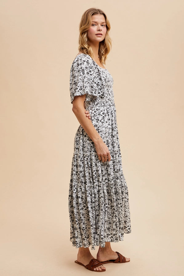 Off White Smocked Floral Maxi Dress
