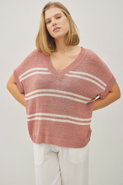 Plus Striped V-Neck Sweater Top
