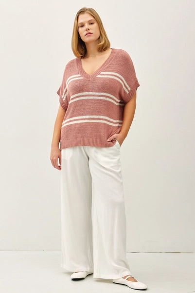 Plus Striped V-Neck Sweater Top