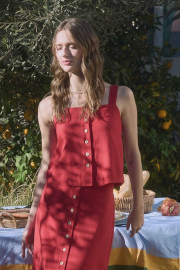 Red - Linen Button Down Square Neck Top