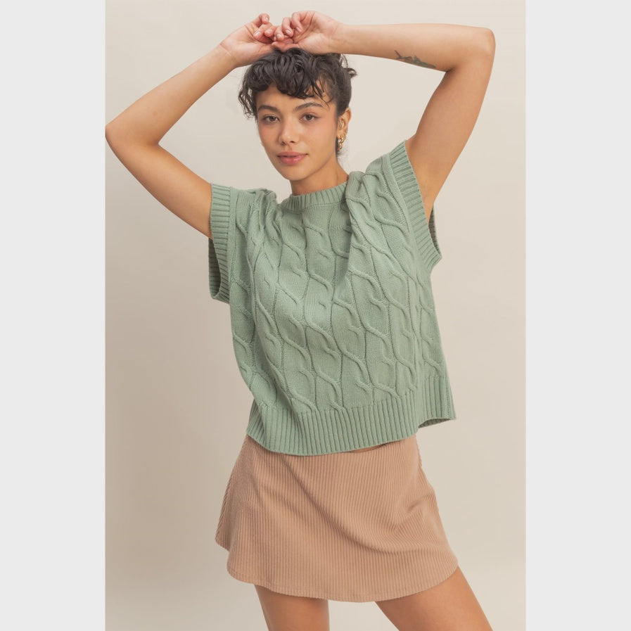 Sage Green Oversized Cable Knit Sweater Vest