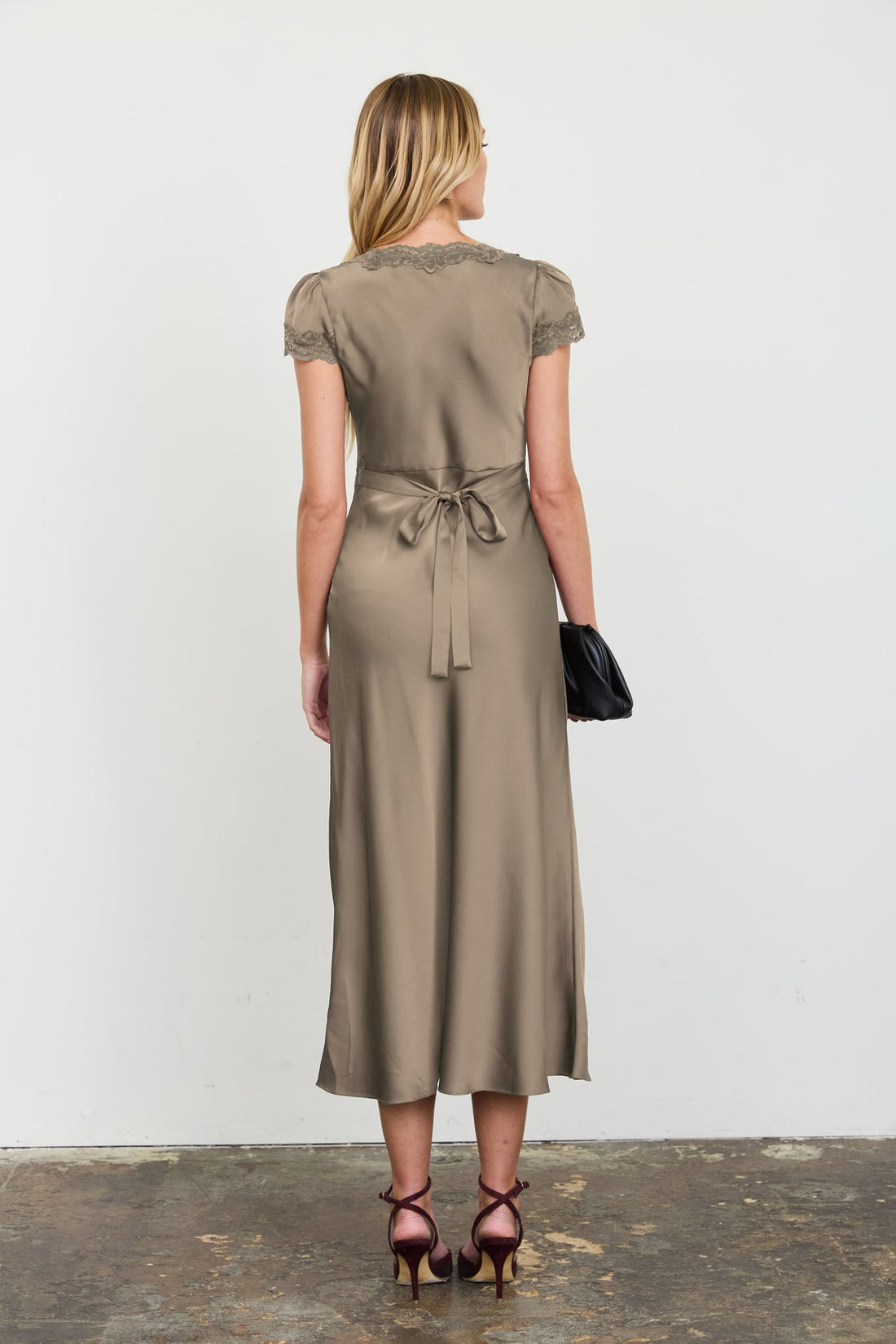 Taupe Satin Puff Sleeve Lace Midi Dress