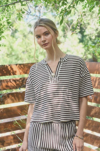 Brown - Stripe Short Sleeve Boxy Knit Top