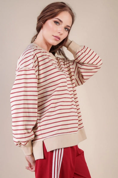 Beige/Brick - Oversized Striped Knit Top