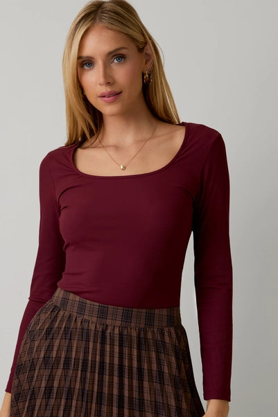 Maroon Square Neck Long Sleeve Bodysuit