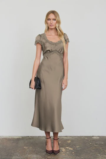 Taupe Satin Puff Sleeve Lace Midi Dress