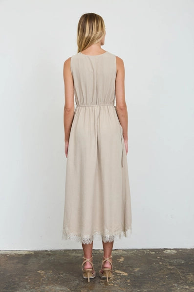 Light Taupe Lace Trim Surplice Midi Dress