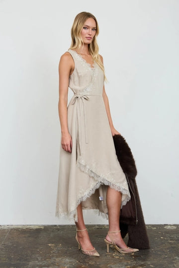 Light Taupe Lace Trim Surplice Midi Dress