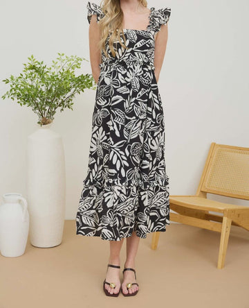 Tropical Print Ruffle Midi Dress