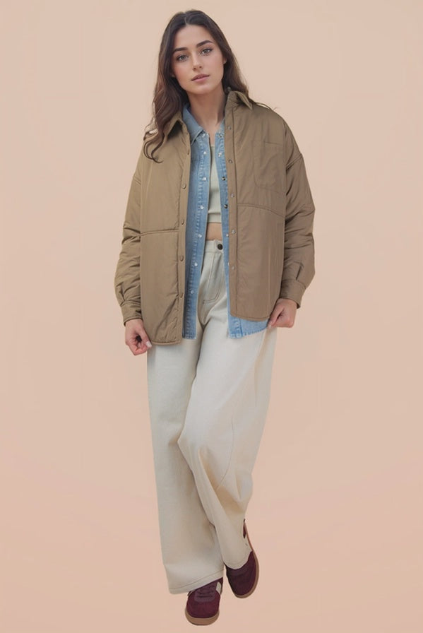 Mocha Oversized Button Down Casual Solid Jacket