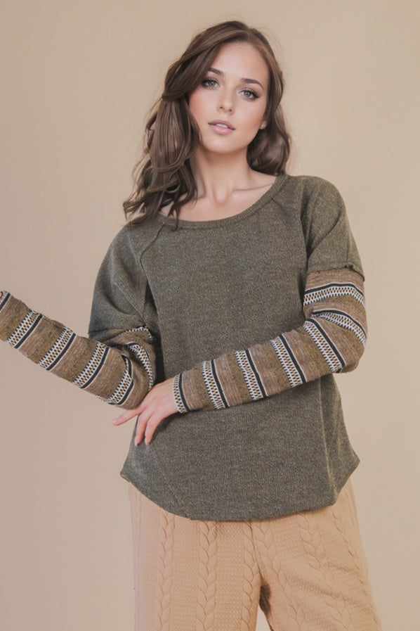 Olive Contrast Striped Sleeve Knit Top