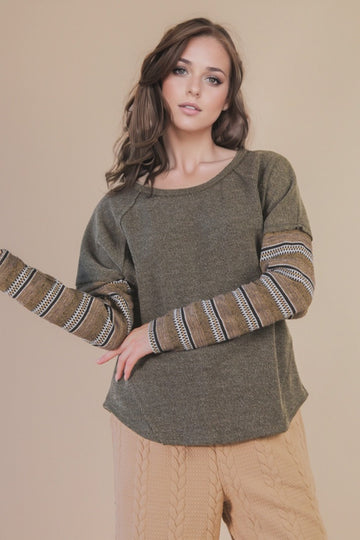Olive Contrast Striped Sleeve Knit Top