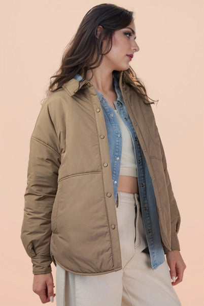 Mocha Oversized Button Down Casual Solid Jacket