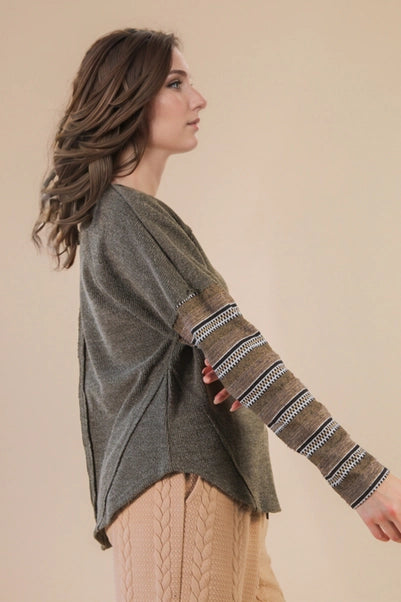 Olive Contrast Striped Sleeve Knit Top