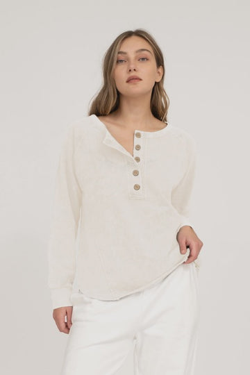 Ivory Washed Henley Raglan Knit Top