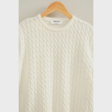 White -Cable Knit Short Sleeve Sweater Top