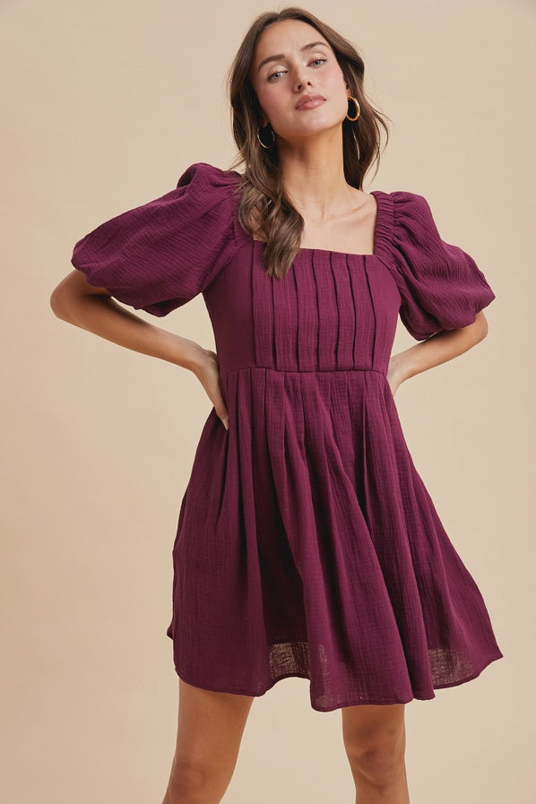 Winter Plum Cotton Box Pleat Mini Dress